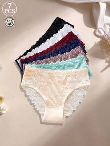 7pcs Women's Floral Lace Cotton Mid-Waist Embroidered Panties, Soft And Comfortable - Multicolor - View 4