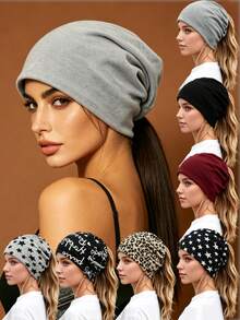 1pc Multifunctional Ponytail Hat, Soft Elastic Loose Headband Cap, Casual Daily Style, Solid Color/Star Leopard Print/Letter Print - Multicolor - View 1