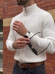 New Autumn/Winter Men's Casual Slim Fit Minimalist Stylish Mandarin Collar Ribbed Zip-Up Long Sleeve Sweater Jacket, Neutral White Collared Knit Cardigan Top - 白色 - 查看 2