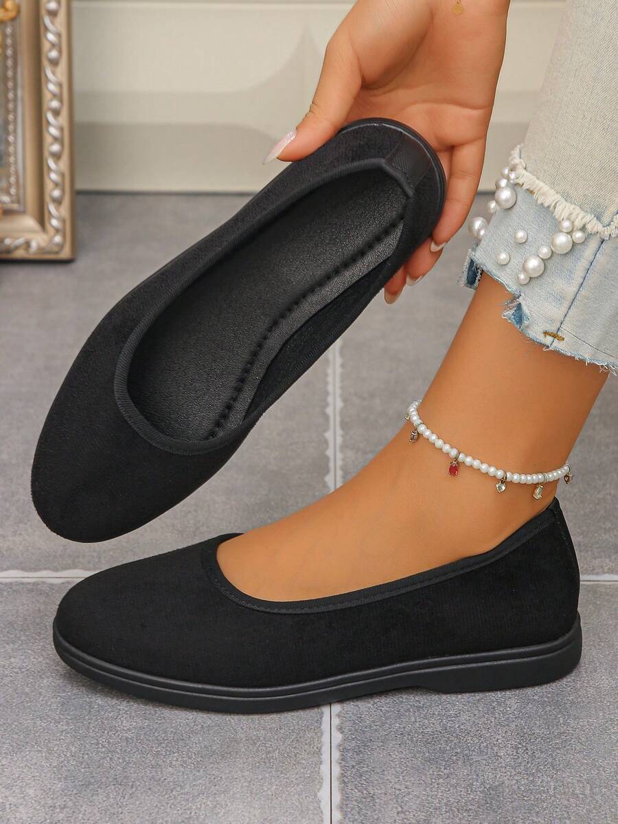 Zapatos de ballet estilo Mori negros de punta redonda, suela blanda transpirable, zapatos de diario cómodos y versátiles para mujer, zapatos planos minimalistas de unicolor con ribete, zapatos transpirables y holgados, suela blanda ligera, zapatos planos de poca profundidad, calzado diario suave y cómodo - ante negro - Ver 1
