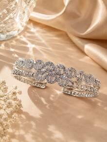 1pc Luxury Wedding Three-Row Exquisite Women's Wide Bracelet, Fashion Open Design Bride Gift Elegant Hand Accessory - Bracelet - View 4