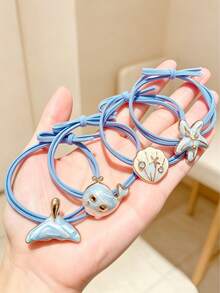 4pcs Cute Ocean Whale Starfish Shell Girls Hair Ties, Sweet Blue Elastic Hairbands Gift - Multicolor - View 1