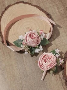 1pc/2pcs/6pcs Pink Rose With Baby's Breath Men's Boutonniere And Women's Wrist Corsage, Suitable For Wedding Decoration, Party, Dinner, Ball, Travel, Anniversary - Pink - View 5