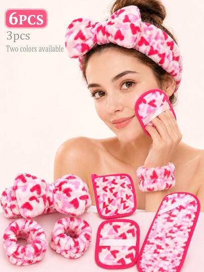 Juego de 6 piezas/3 piezas de diademas con estampado de corazón, lazos para el cabello y muñequeras, bandas de toalla ajustables, paño borrador de maquillaje que elimina fácilmente todo el maquillaje, paño borrador de maquillaje adecuado para máscara de pestañas a prueba de agua, delineador, base de maquillaje, protector solar, etc., absorbente y sin pelusa, toallitas desmaquillantes lavables y reutilizables
