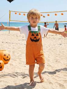 Mono de Halloween para niño pequeño con bolsillos, mono sin mangas de canalé - Naranja - Ver 2