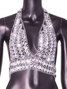 DEKUNER Round Rhinestone Deep V Halter Body Chain Crop Top, Hollow Silver Chain Mesh Tank Top, Shiny Nightclub Holiday Bikini Layering Cover-Up, Women's - White - View 4