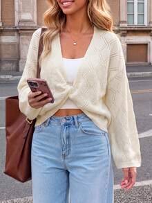 Women's Solid Color Casual Versatile Everyday Knit Top - White - View 1
