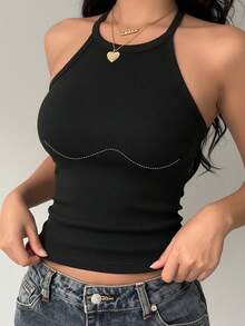 1pc Women's Ribbed Knit Spaghetti Strap Tank Top, Slim Fit Solid Color Basic Sleeveless Camisole - Black - View 2