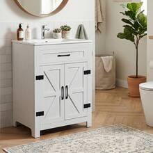 Washed White Particleboard With Melamine Veneer, Barn Double Door With U-Shaped Internal Shelves, Washbasin Cabinet, 61*47*85cm (24 Inches) - White - View 3