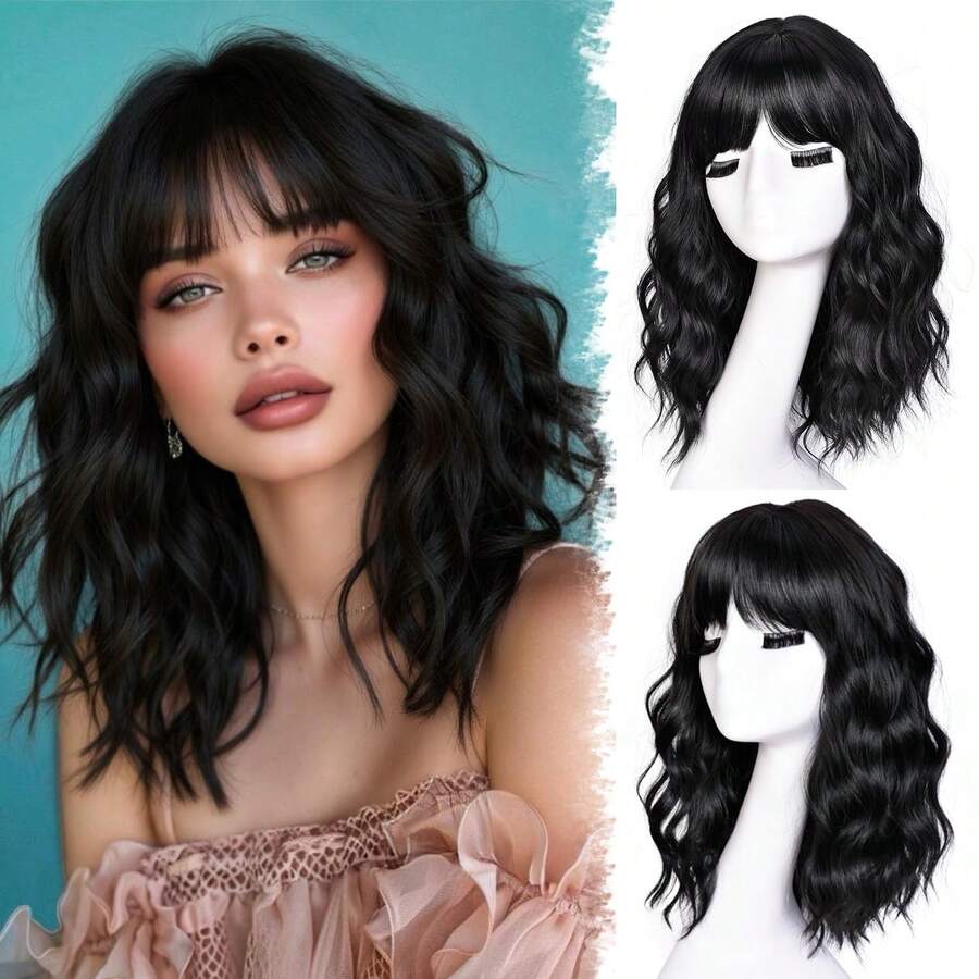 14 Inch Gold Gradient Wavy Short Hair With Bangs, Natural Looking Heat Resistant Synthetic Wig For Women, Suitable For Daily Wear, Party And Cosplay - Multicolor - View 1