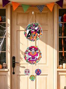 1 Set Day Of The Dead Sugar Skull Round Paper Hanging Decor, 2D Flat Colorful Floral Skull Wall Decoration, Suitable For Mexican Festival Celebration, Altar, Home And Party, Mexican Folk Art, Front Door Porch Home Decor, Halloween Party Supplies, Day Of The Dead - Multicolor - View 8