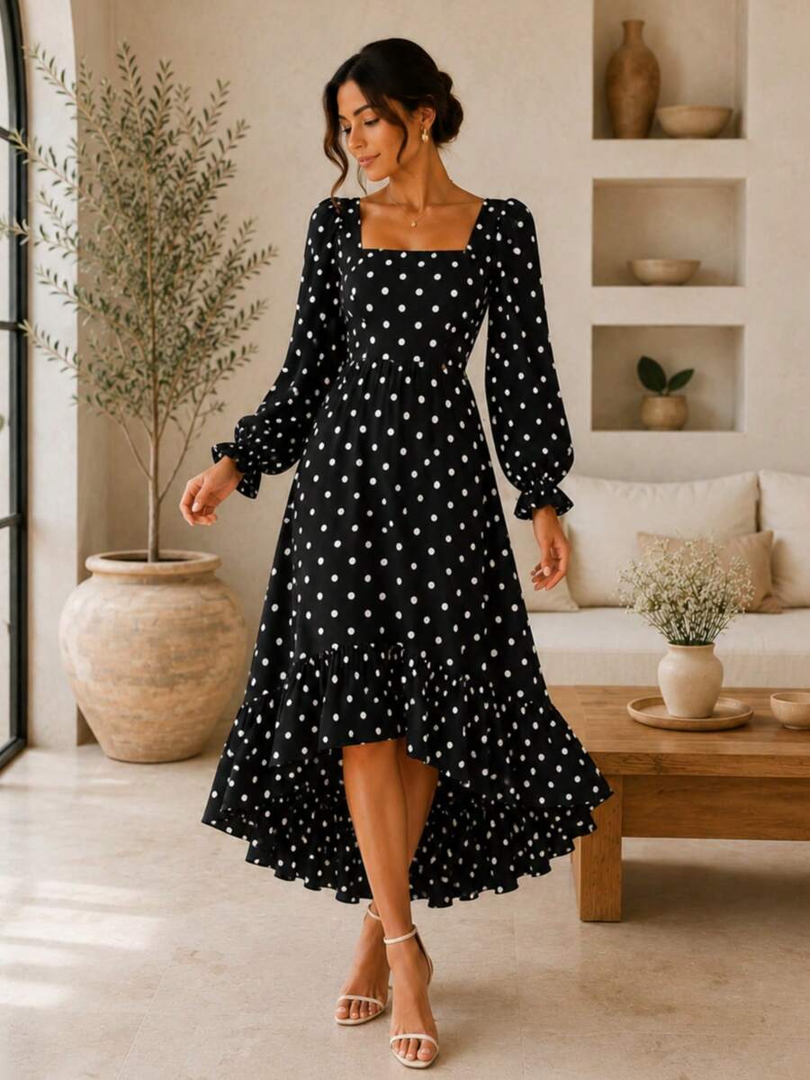 Boho Chic Mullet Midi Dress Long Sleeve Princess Square Neck Tailored Duna Elegant Christian Evangelical Modest Fashion Polka Dot Print REF: Angela - 黑色波點 - 查看 1
