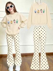 2pcs/Set Teen Girls Casual Outfit, Pearl Milk Tea Pattern Crew Neck Sweatshirt And Polka Dot Flare Pants - Apricot - View 9