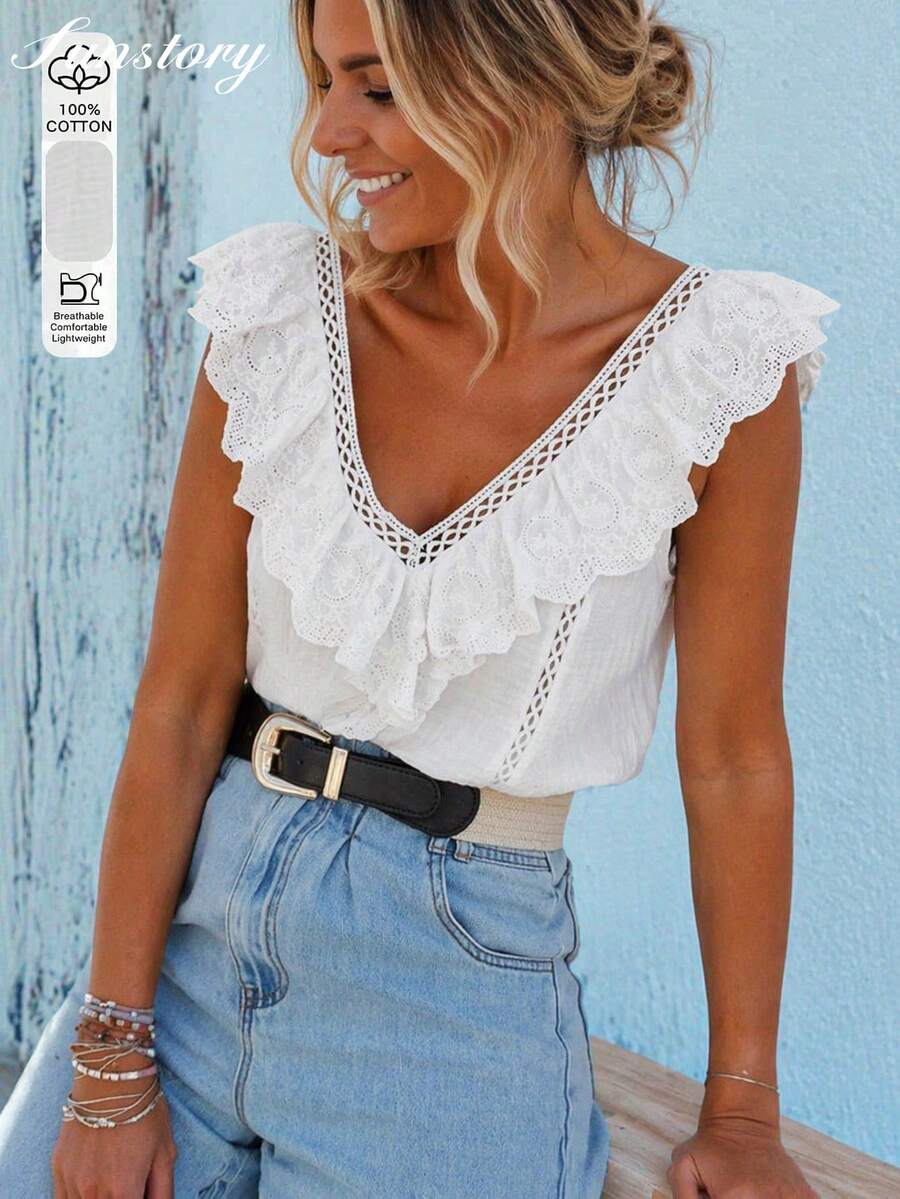 SUNSTORY Atasan Tank Top Wanita Warna Polos Musim Gugur dengan Bordir Berongga dan Hiasan Ruffle, Blus Kasual Serbaguna dengan Leher V Dalam dari Katun Murni, Cocok untuk Liburan Pantai, Perjalanan Sehari-hari, Bepergian, dan Berbelanja di Toko - Putih - View 1