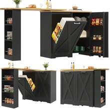 360° Rotating Kitchen Island, Multifunctional Storage Cabinet With Folding Doors And Side Shelves, Extendable Console Table For Kitchen, Dining Room And Living Room - Black - View 3