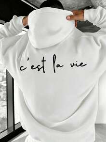Men's Autumn/Winter Casual Versatile Fashion Minimalist English Print Kangaroo Pocket Drawstring Hooded Sweatshirt - White - View 1