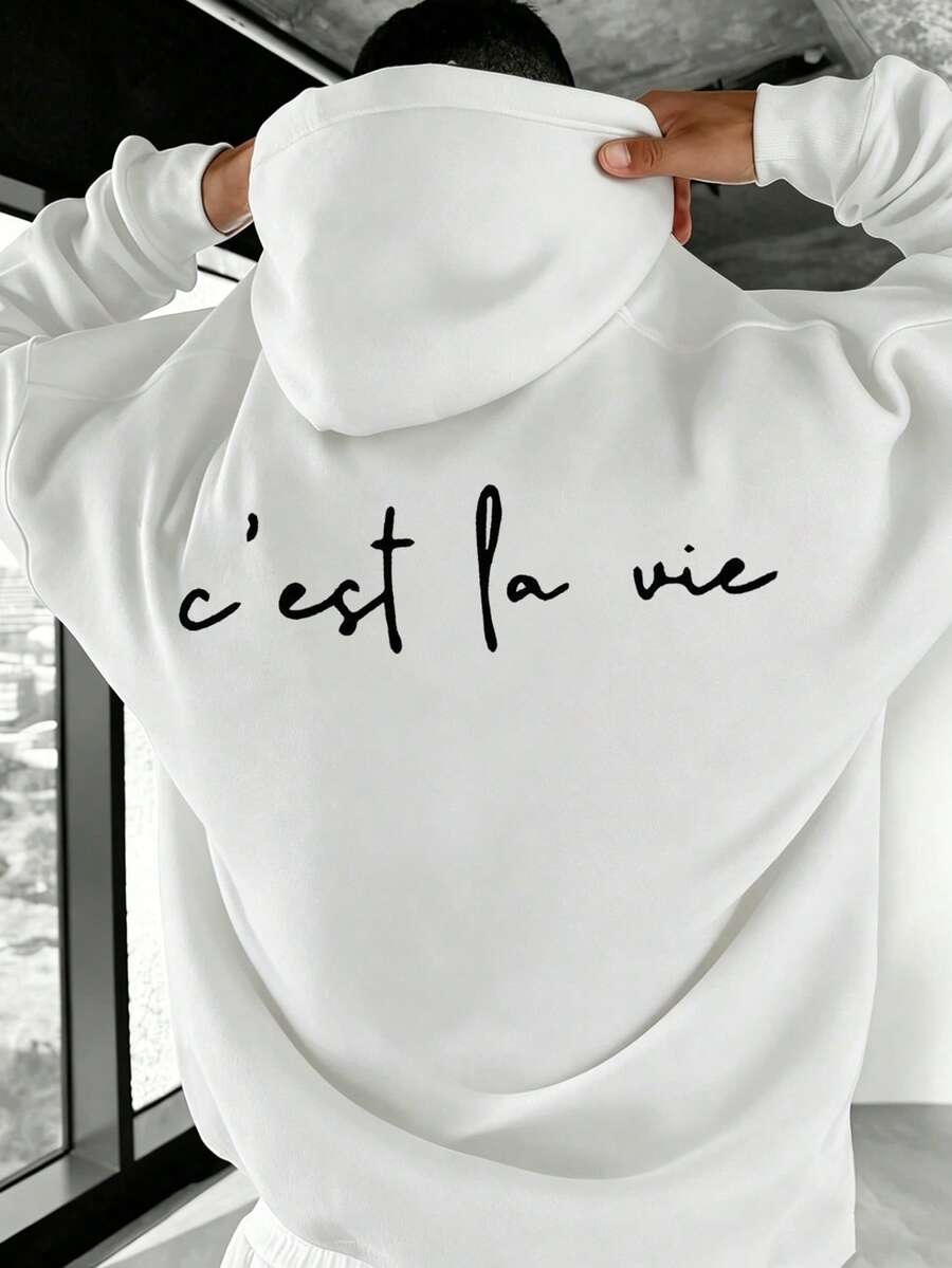 Men's Autumn/Winter Casual Versatile Fashion Minimalist English Print Kangaroo Pocket Drawstring Hooded Sweatshirt - White - View 1