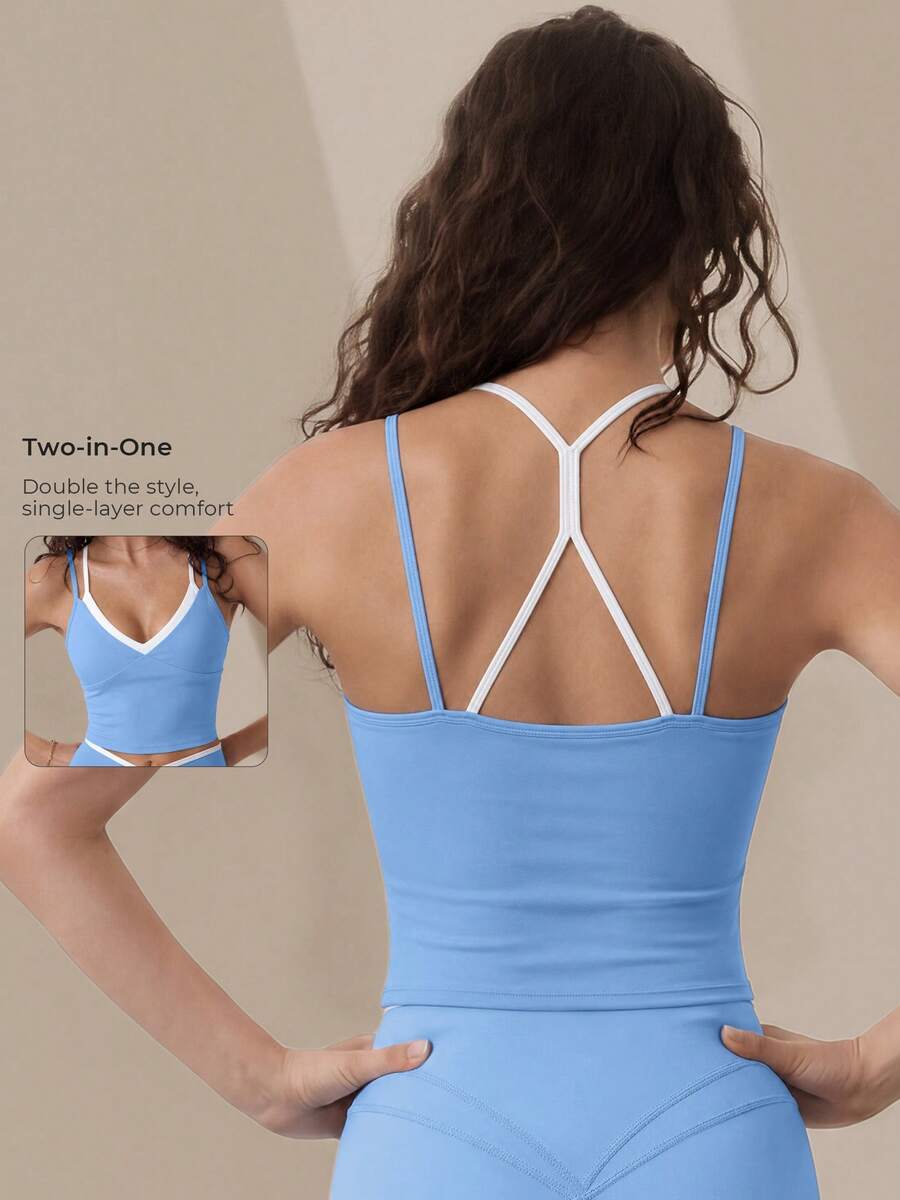 Women's 2-In-1 Double Strap V-Neck Removable Liner Sports Yoga Tank Top, High Support Y-Back Padded Fitness Training Vest - Blue - View 1