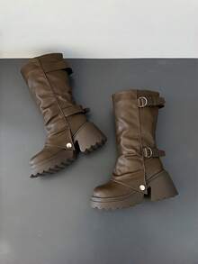 Multi-Buckle Ruched Thick Sole Knee-High Boots, Plus Size Women's Vintage Autumn/Winter Street Rider Boots - Khaki - View 5