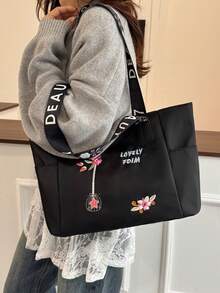 純色女款單肩包，極簡休閒大容量托特包，斜挎包，公事包 - 黑色 - 查看 3
