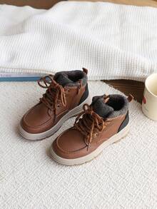 Children's Brown Work Boots, Knitted Collar Side Zipper Hiking Boots, Non-Slip Thick Sole Outdoor Boots For Boys And Girls - Brown - View 2