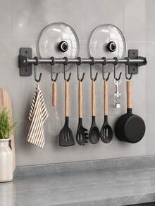 Drill-Free/Drillable Kitchen Hanging Hook Rack, Wall-Mounted Cookware Hanging Rack, Suitable For Pots, Spatulas And More, Space-Saving Kitchen Storage Organizer, Won't Damage Walls, Easy Installation, Saves Kitchen Space - Black - View 3