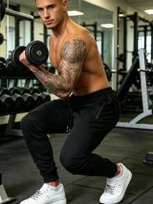 Men's Black Joggers, Casual Sports Long Pants With Zipper Pockets And Drawstring Waist, Suitable For Daily Wear - Black - View 3
