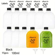 15個100ml迷你方形果汁瓶，便攜式水瓶，飲料分裝瓶，可重複使用附蓋與年齡主題標籤，適用於自製咖啡、檸檬水、調酒、葡萄酒試飲、派對飲品、廚房使用、戶外野餐、婚禮、節日 - 透明-H - 查看 15