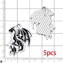 5/10pcs Silver Tone Enamel Dragon Charms Gothic Flying Dragon Pendants Rose Flame Design For DIY Earring Necklace Jewelry Making Supplies - Black - View 14