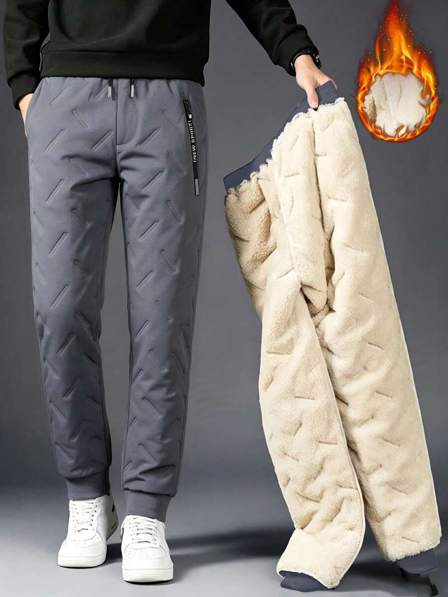 Men's Winter Thermal Lined Thick Pants With Zipper Pockets And Drawstring, Warm And Comfortable, Suitable For Cold Weather Wear - Grey - View 1