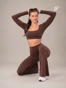 Plain Zero-Transparency Polyamide Flare Long Sleeve Fitness Gym Set - Rust Brown - View 4