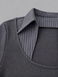 Top de manga corta 2 en 1 para mujer, diseño de tela acanalada con cuello cuadrado, patchwork acanalado y botones de una sola casual - Gris - Ver 5