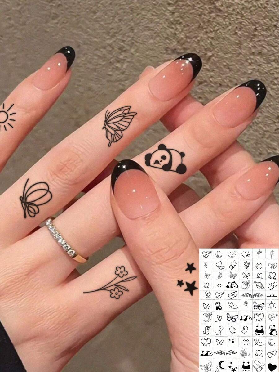 1 Sheet Ultra Thin Line Panda Bow Heart Star Finger Knuckle Mini Temporary Tattoo Sticker, Waterproof Long-Lasting Dainty Mixed Motif Fake Tattoo, Body Art Decal For Wrist Collarbone Ankle Palm - Black - View 1
