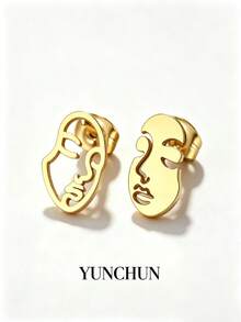 YUNCHUN 1 par de exquisitos pendientes de acero inoxidable con rostro humano abstracto en color dorado, estilo para uso diario - Dorado - Ver 2
