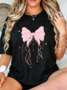Women Spring And Summer Clothes Pink Bow Love Pattern Print Casual Basic Short T-Shirt, Comfortable Daily Wear, Cozy Summer And Fall Style Tops - style1 - 查看 1