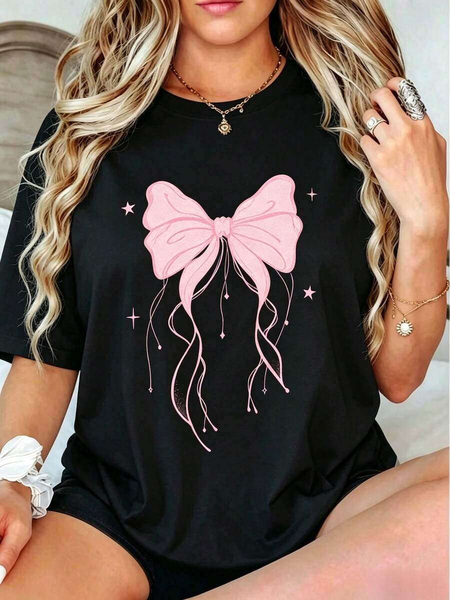 Women Spring And Summer Clothes Pink Bow Love Pattern Print Casual Basic Short T-Shirt, Comfortable Daily Wear, Cozy Summer And Fall Style Tops - style1 - 查看 1