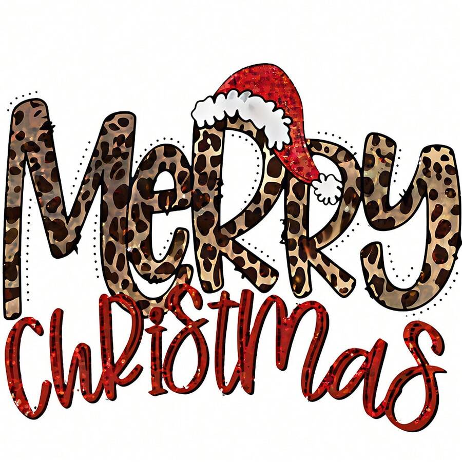1/2/3件可水洗熱轉印貼，MERRY 豹紋字母與亮片聖誕帽設計，CHRISTMAS 紅色亮片字體，個性化聖誕英文圖案熱轉印，適用於T恤、包包、枕頭 - 多色 - 查看 1