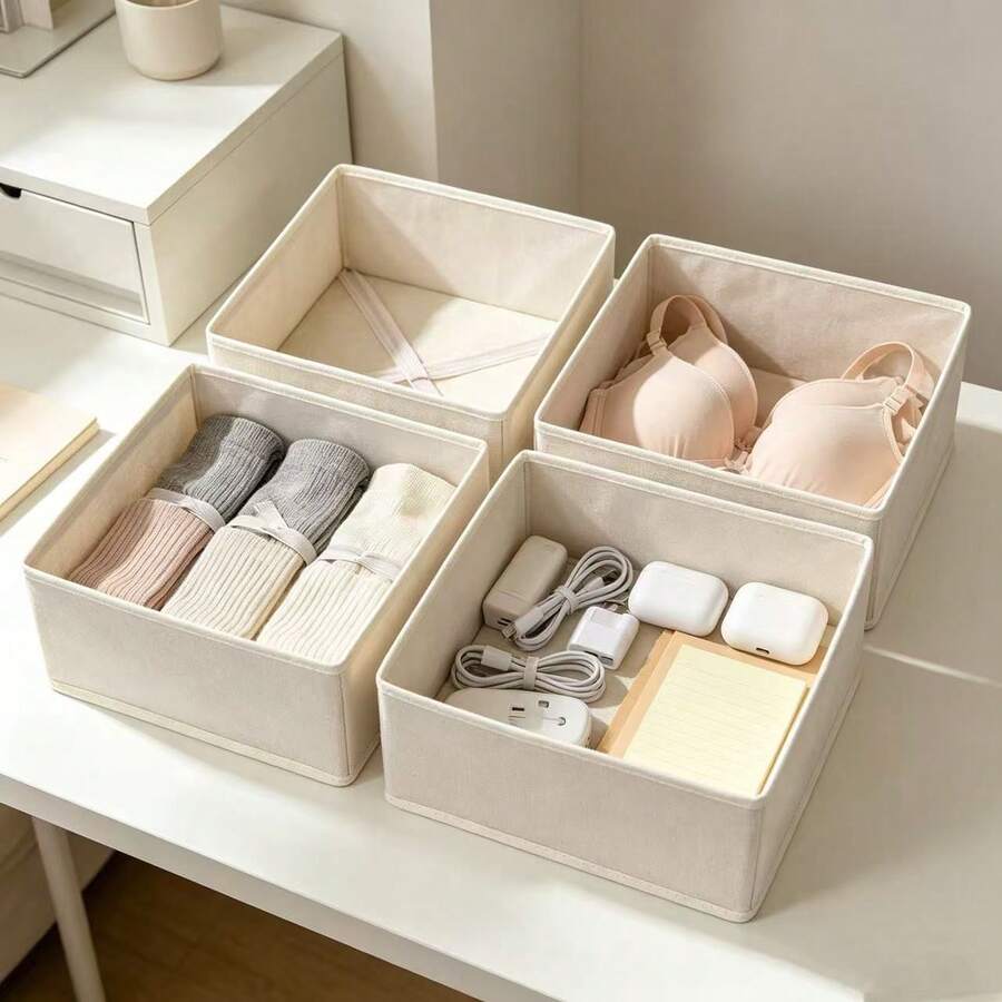 1pc/4pcs Multi-Compartment Fabric Storage Box, Foldable Drawer-Style Organizer Bin Suitable For Home, Office, Warehouse And Dorm, Lidless Clothing & Accessories Storage Box, Mother's Day Gift - Khaki - View 1