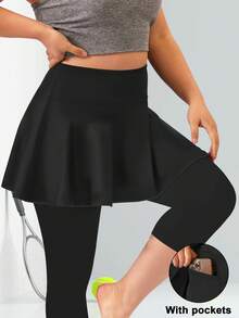 Skort For Women Ladies Leggings With Skirt Capri Running Trousers Tennis Skirt With Pockets Yoga Sports Soft Skirt Shor Tennis Clothing Plus Size - 黑色 - 查看 2