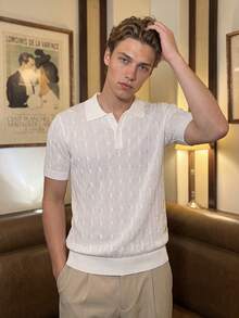 Men's Summer White Cable Knit Polo Shirt, Luxurious Airy Knit Fabric, Light & Breathable, Old Money Style For Gentleman Gatherings & Daily Casual - White - View 8