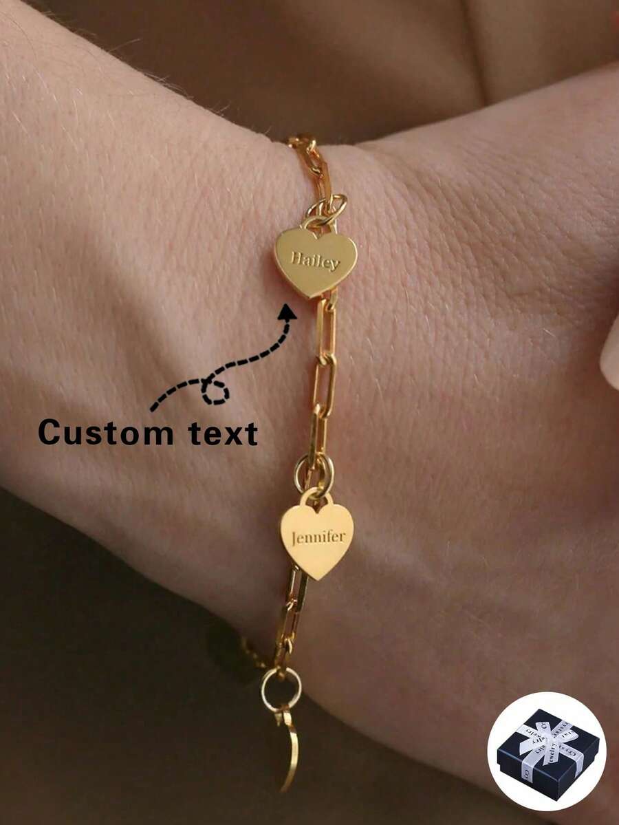 Customized Stainless Steel Personalized Heart-Shaped Name Bracelet, Birthday Gift, Summer Fashion Accessory, Exquisite Engraving, Stylish, Minimalist, Colorful, Modern, Cute Customization, Gift, Suitable For Family And Friends, Multifunctional, Decorative, Letter, Fashionable, Modern, Colorful, Cute, Casual, Customized, Personalized, Unique, Ideal Gift For Him, Ideal Gift For Her, Son, Daughter - Multicolor - View 1