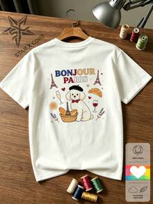 BONJOUR PARIS Romantic Chic Cotton Poodle & Eiffel Tower Print Graphic T-Shirt For Spring Travel And Vacation - 白色 - 查看 1