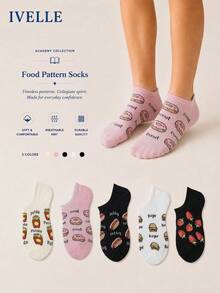 5 Pairs Women's Food Print No Show Socks, Cute Donut Burger Strawberry Cotton Low Cut Socks - Multicolor - View 8