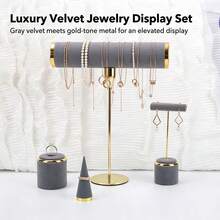 1pc Elevated Velvet & Gold Jewelry Display Kit, Multi-Style Jewelry Organizer Stand For Necklaces Earrings Rings, Ideal For Retail Shop, Home Vanity & - Dark Grey - View 7