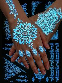Set Of 6 Glow-In-The-Dark Glitter Tattoo Stickers, White Boho Mandala Design, Suitable For Arms, Hands, Backs, And Fingers, Temporary Tattoos Shine In The Dark, Henna Floral Lace Designs, Waterproof Long-Lasting Sweatproof Easy Peel Off, Fake Tattoos,Formulated Without Henna - White - View 3