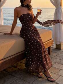 Women's Brown Polka Dot Print Sleeveless Dress With Neck Bow, Sweet And Elegant Summer Vacation - Brown - View 10