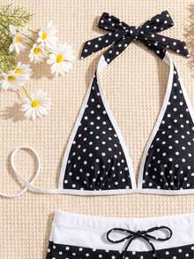 Sommer Mode Damen Polka Dot Neckholder Dreieck Bikini Top mit Hipster Badehose für Strandurlaub Party - Verschiedenfarbig - Übersicht 4