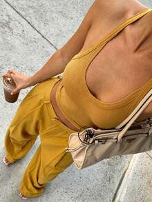 Spring/Autumn Casual Basic Minimalist U-Neck Ribbed Knit Tank Top + Wide Leg Straight Pants Women's 2 Pieces Set - Ginger - View 3