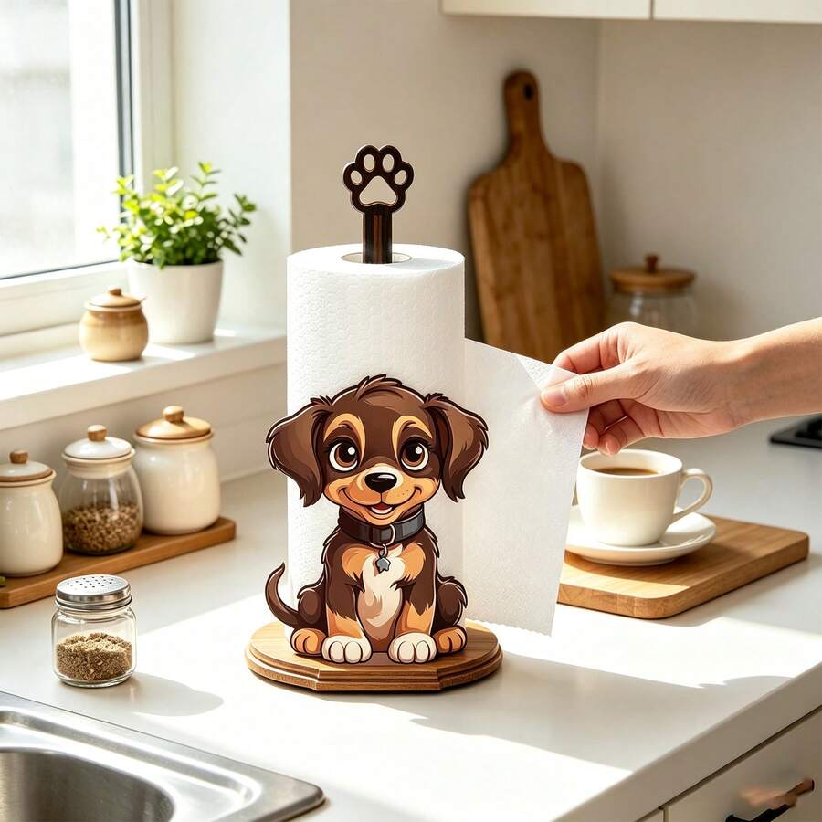 Soporte de madera con forma de perro lindo para toallas de papel de cocina, estante de tela de un solo nivel, soporte vertical para toallas de papel de cocina, estante de almacenamiento de toallas de papel para encimera, estante de toallas de escritorio, estante de almacenamiento para rollos de toallas de papel y envoltura de plástico - Multicolor - Ver 1