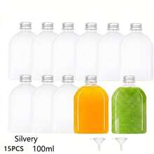 15個100ML果汁瓶，附蓋空塑膠瓶，可重複使用飲料容器，塑膠飲料瓶，適用於果汁、奶昔、康普茶、自製飲品，適合生日、婚禮、派對、秋季郊遊、野餐、露營 - 透明-2 - 查看 14
